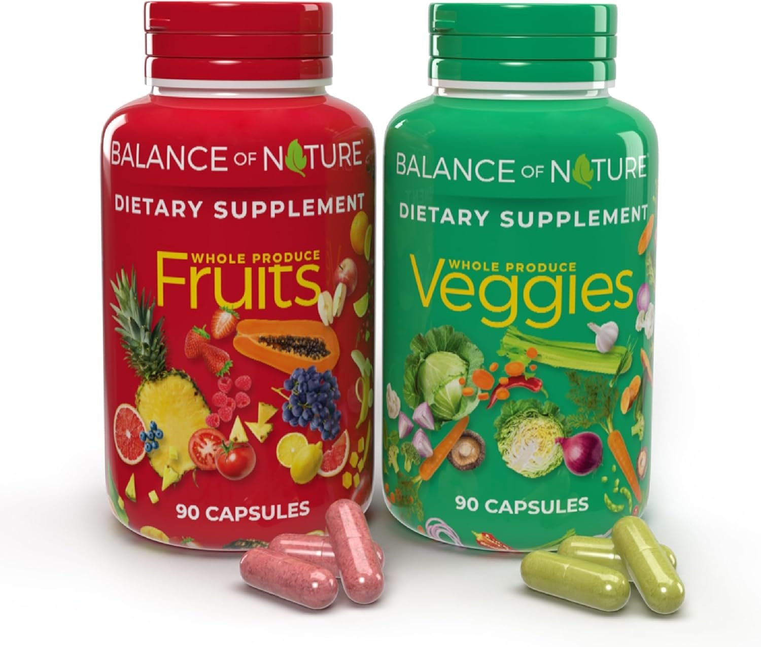 balance of nature fruits and veggies supplements whole fruit and vegetable ingredients for women, men, and kids 90 fruit capsules, 90 veggie capsules 1 set