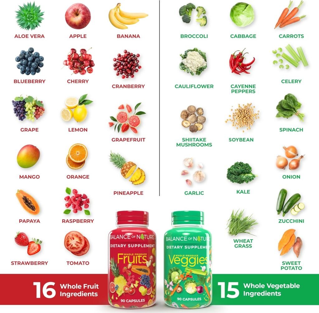 balance of nature fruits and veggies supplements whole fruit and vegetable ingredients for women, men, and kids 90 fruit capsules, 90 veggie capsules 1 set