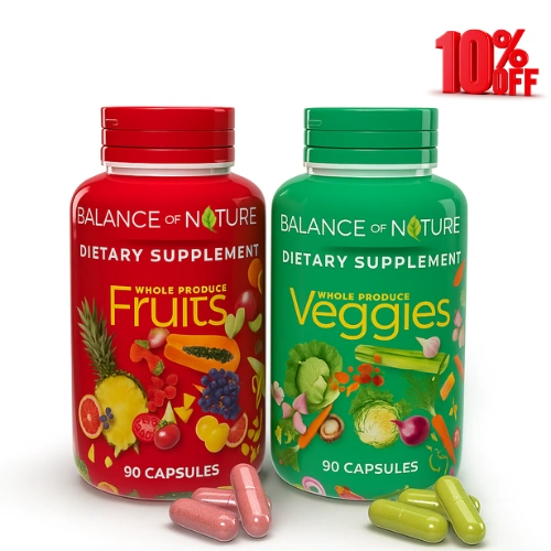 balance of nature fruits and veggies supplements whole fruit and vegetable ingredients for women, men, and kids 90 fruit capsules, 90 veggie capsules 1 set